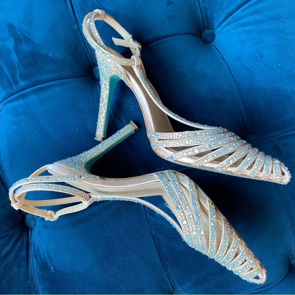 Betsey Johnson Nude Crystal Embellished T-Strap Heels